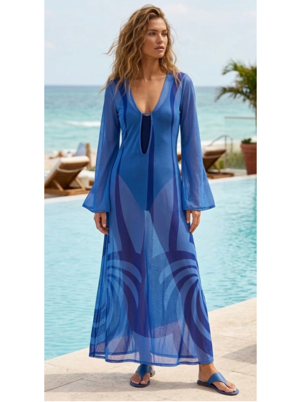 Caroline Constas Sheer Mesh Geometric Maxi Dress Swim Coverup Blue SZ Med NWT - Picture 1 of 7